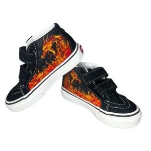 Vans Of The Wall Sk8 Mid Kids Black Flame Fire Skate Shoe Size 10.5